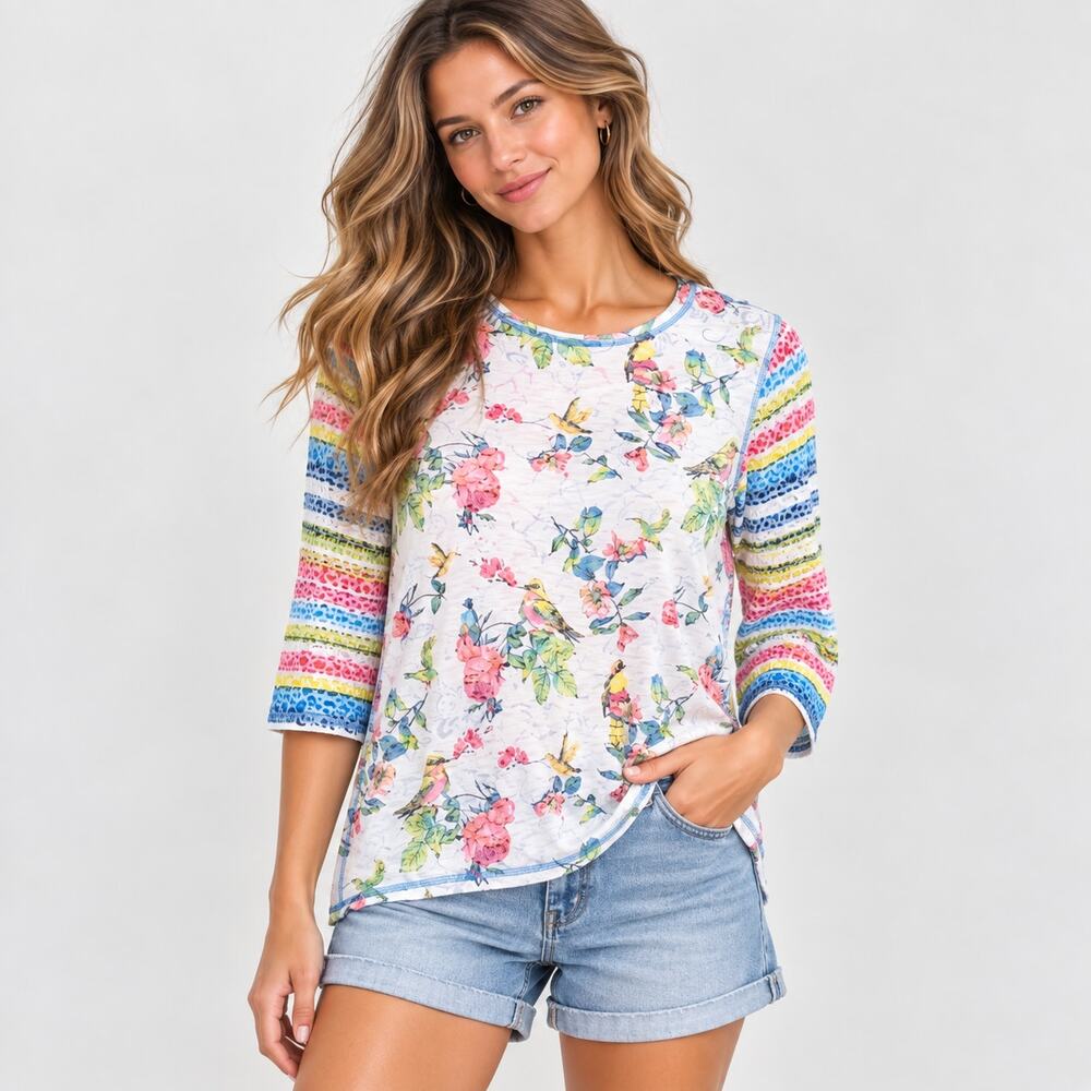 Multiples 3/4 Sleeve Knitted Burnout Top Sz M White Floral Birds Hummingbirds